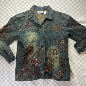 Vintage Chicos Design Blue Denim Jean Jacket Beading Embroidery Sz 1